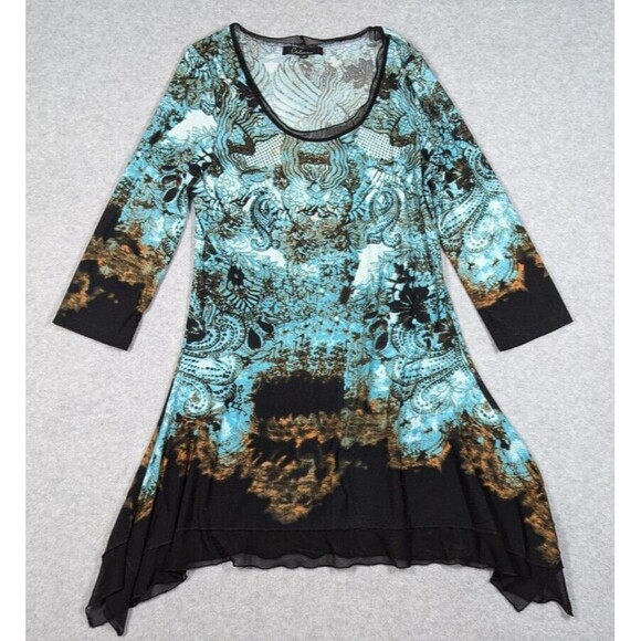 Calessa‎ Women Top Small Asymmetrical Mesh Trim Paisley Wearable Art Tunic - Picture 1 of 8